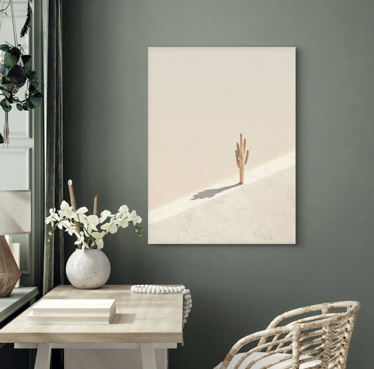 Kunstwerk Echo van Zand
boven een licht houten bureau met groene muur en witte accenten.
