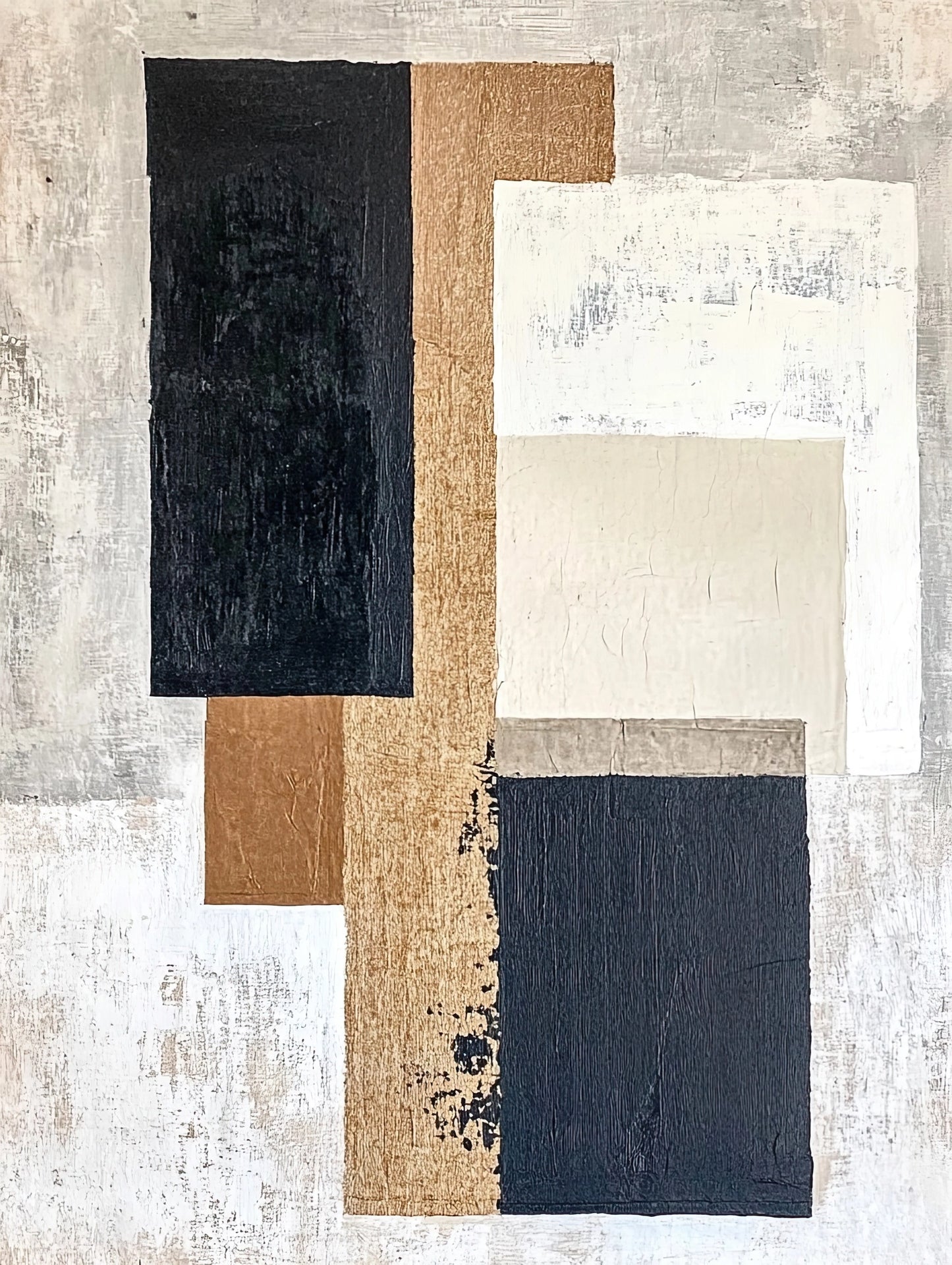 Volledige afbeelding van moderne muurkunst met blokvormen in zwart, wit en warme aardetinten
