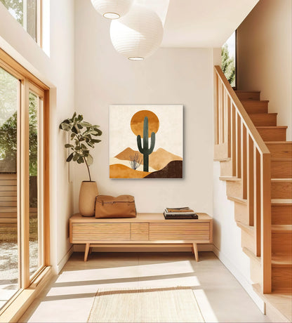 Wandkunst met cactus en zon in hal met houten trap, licht interieur en aardetinten
