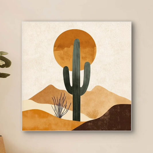 Detail van abstracte cactus met zon en bergen in oranje, bruin en beige vormen
