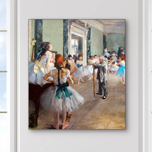 Detail van “De balletles” met jonge ballerina’s in tutu’s en dansmeester met stok
