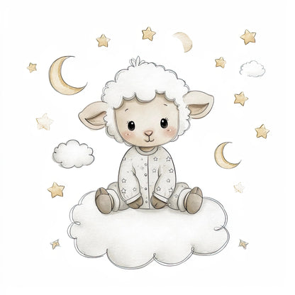 Volledige illustratie van een schattig lammetje op een wolk met gouden sterren en manen, in een speelse en zachte stijl.
