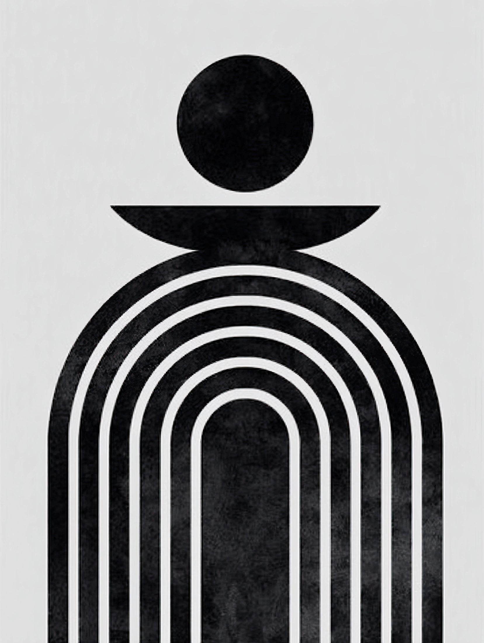 Detail van abstract kunstwerk met zwarte lijnen in boogvorm en massieve zwarte cirkel op witte achtergrond
