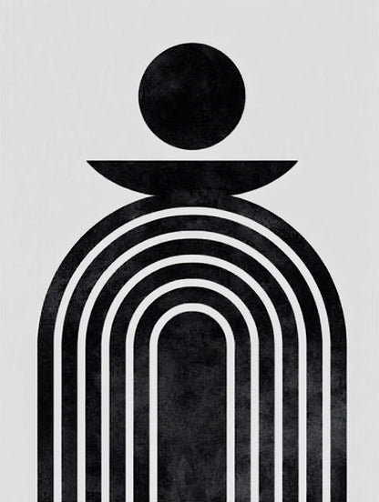 Detail van abstract kunstwerk met zwarte lijnen in boogvorm en massieve zwarte cirkel op witte achtergrond
