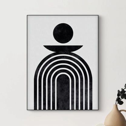 Detail van abstract kunstwerk met zwarte lijnen in boogvorm en massieve zwarte cirkel op witte achtergrond
