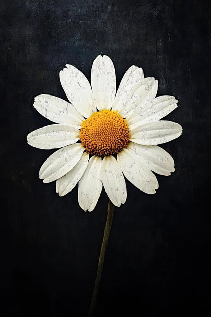 Volledig kunstwerk met een enkele margriet centraal geplaatst op zwarte achtergrond

