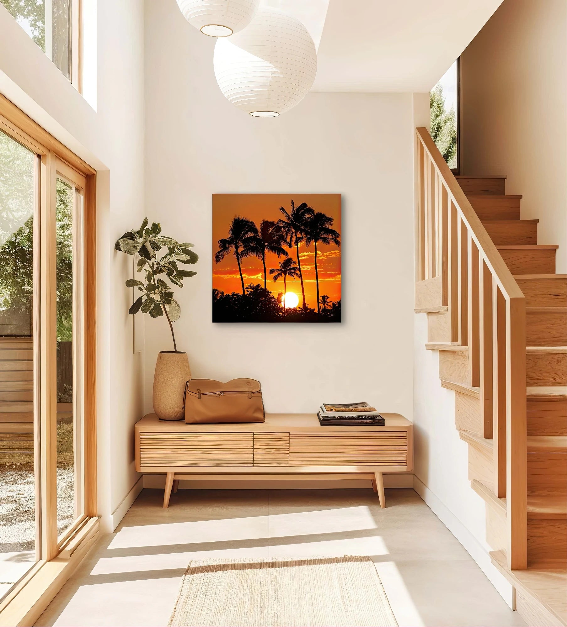 Textielkunstwerk met tropische zonsondergang en palmbomen, hangend in een lichte hal met houten trap en kast
