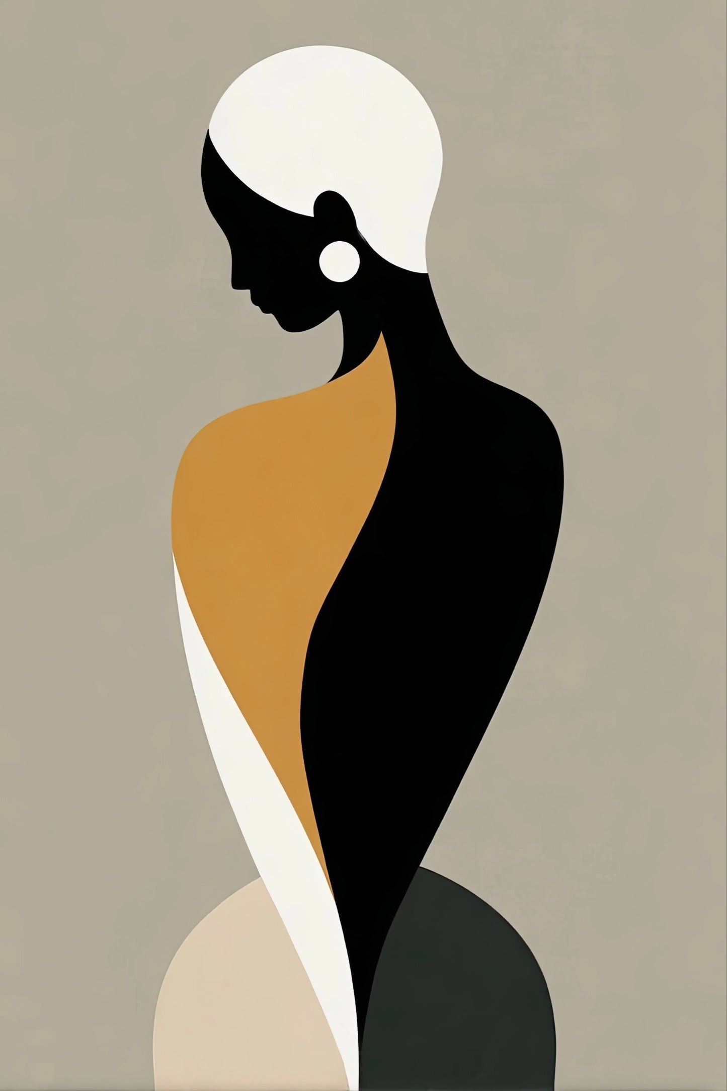 Volledig textielkunstwerk met abstract vrouwelijk figuur in grafische vormen en aardse kleuren
