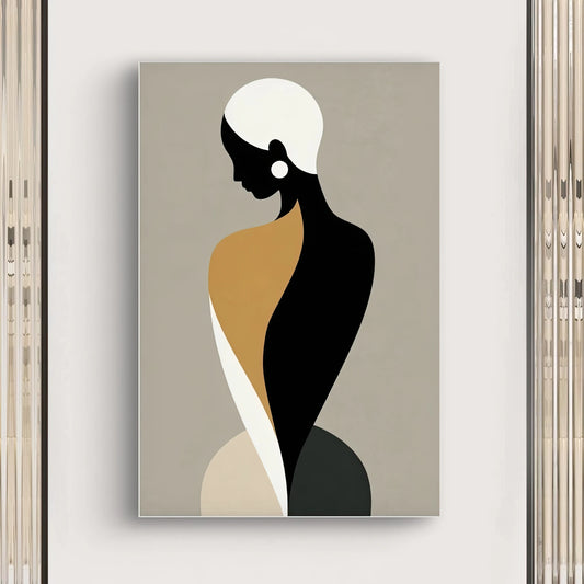 Detail van kunstwerk met gestileerd silhouet in zwart, zandkleur en wit tegen een beige achtergrond
