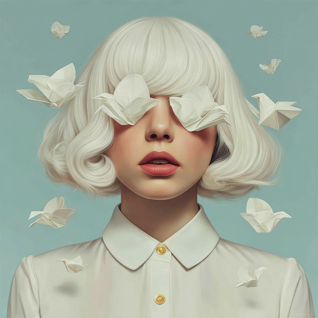 Volledige weergave van Eloryn, minimalistisch portret met witte origamivogels
