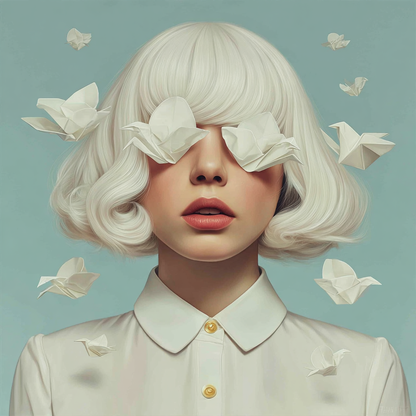 Volledige weergave van Eloryn, minimalistisch portret met witte origamivogels
