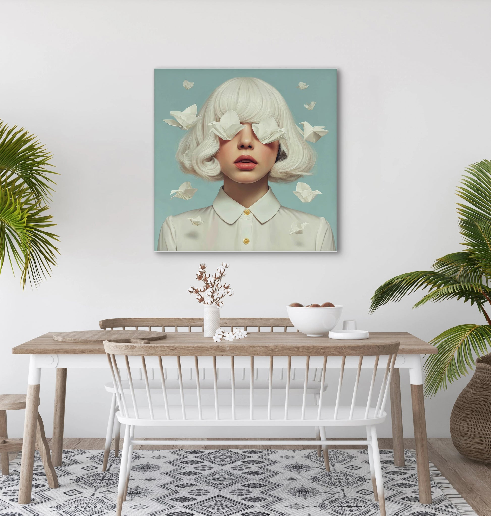 Eloryn wandkunst in licht interieur met wit en blauwgroen kleurenschema
