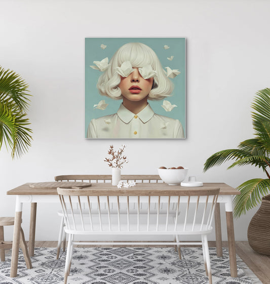 Eloryn wandkunst in licht interieur met wit en blauwgroen kleurenschema
