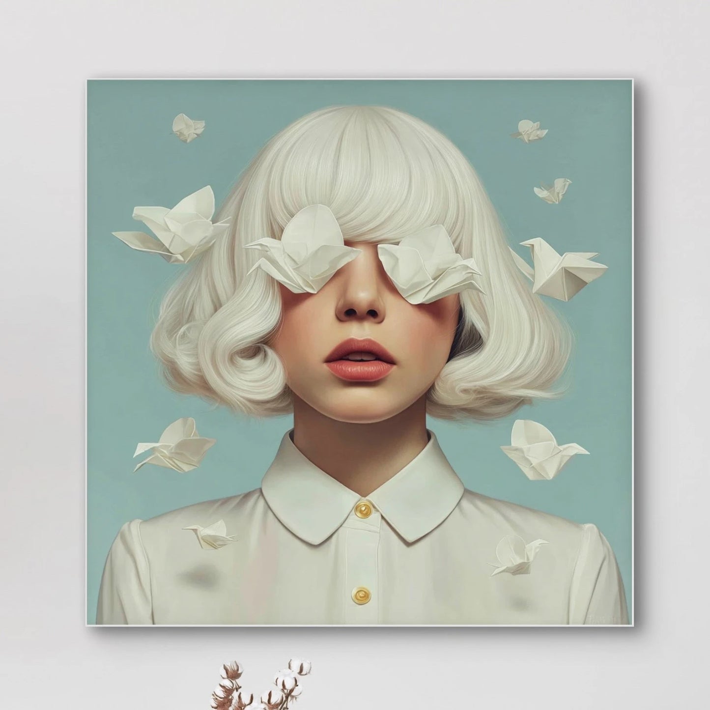 Detail van Eloryn met witte origamivogels en serene uitstraling
