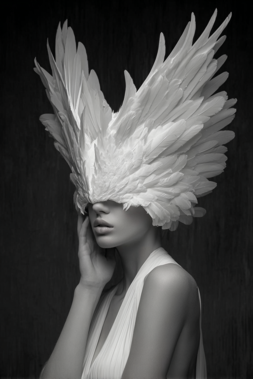 Volledige weergave van Elyndra met vrouw in wit en witte veren
