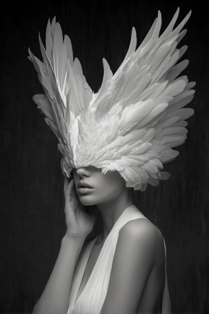 Volledige weergave van Elyndra met vrouw in wit en witte veren
