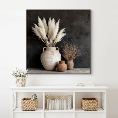 Mock-up van kunstwerk Erfenis van Steen aan de muur boven wit dressoir met manden 
