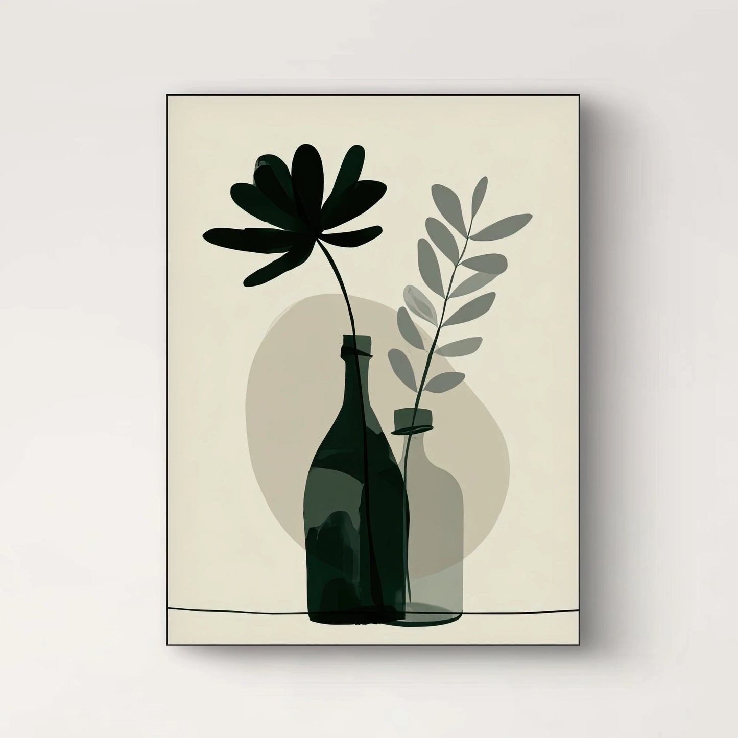 Detail van kunstwerk met transparante groene flessen en grafische bladeren in zachte beige achtergrond
