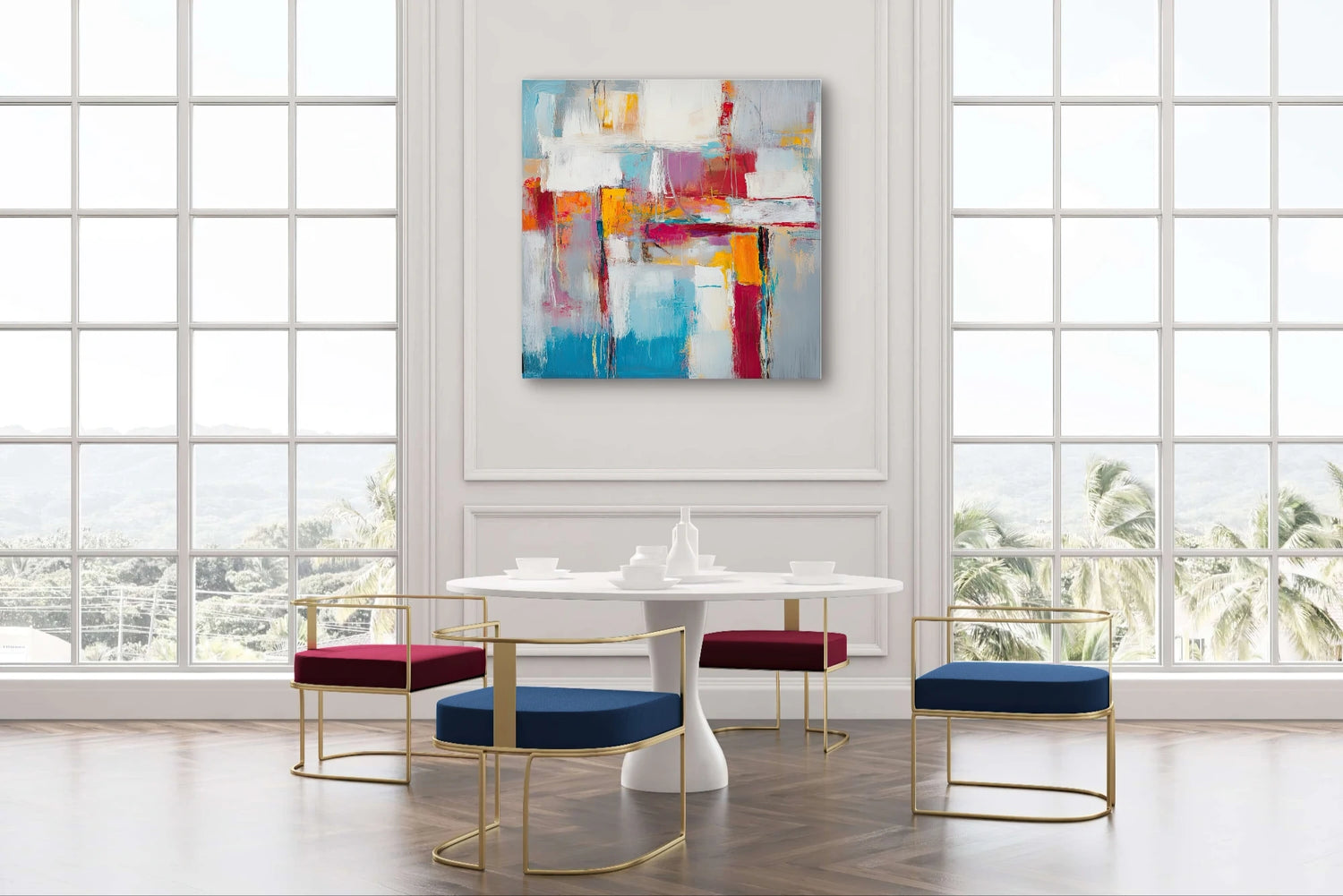 Abstracte wanddecoratie met levendige kleurencompositie in rood, oranje, blauw en wit in luxe interieur
