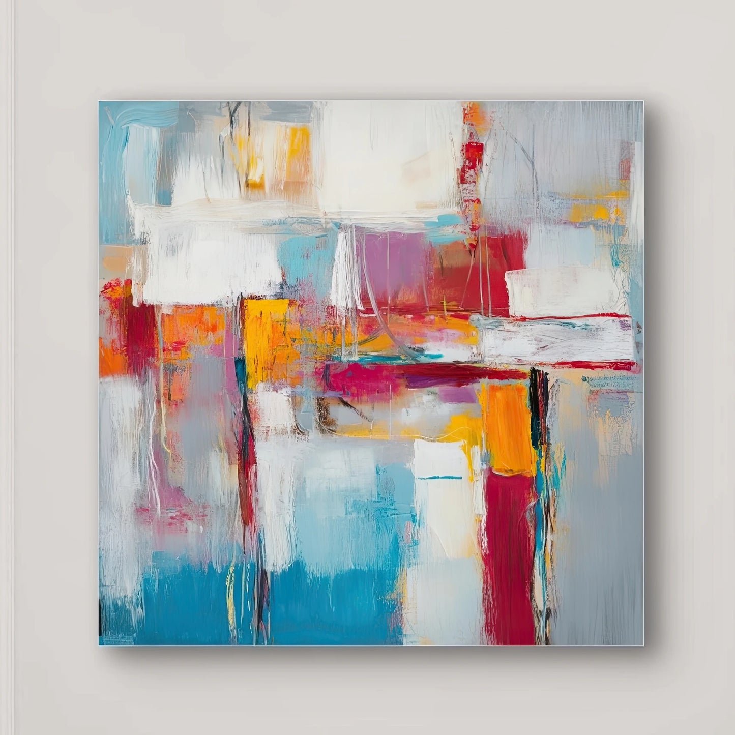 Detail van kleurrijke abstracte kunst met expressieve penseelstreken in warme en koele tinten
