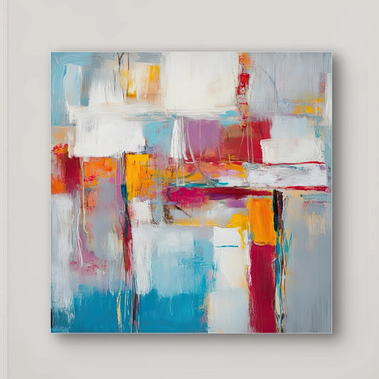 Detail van kleurrijke abstracte kunst met expressieve penseelstreken in warme en koele tinten
