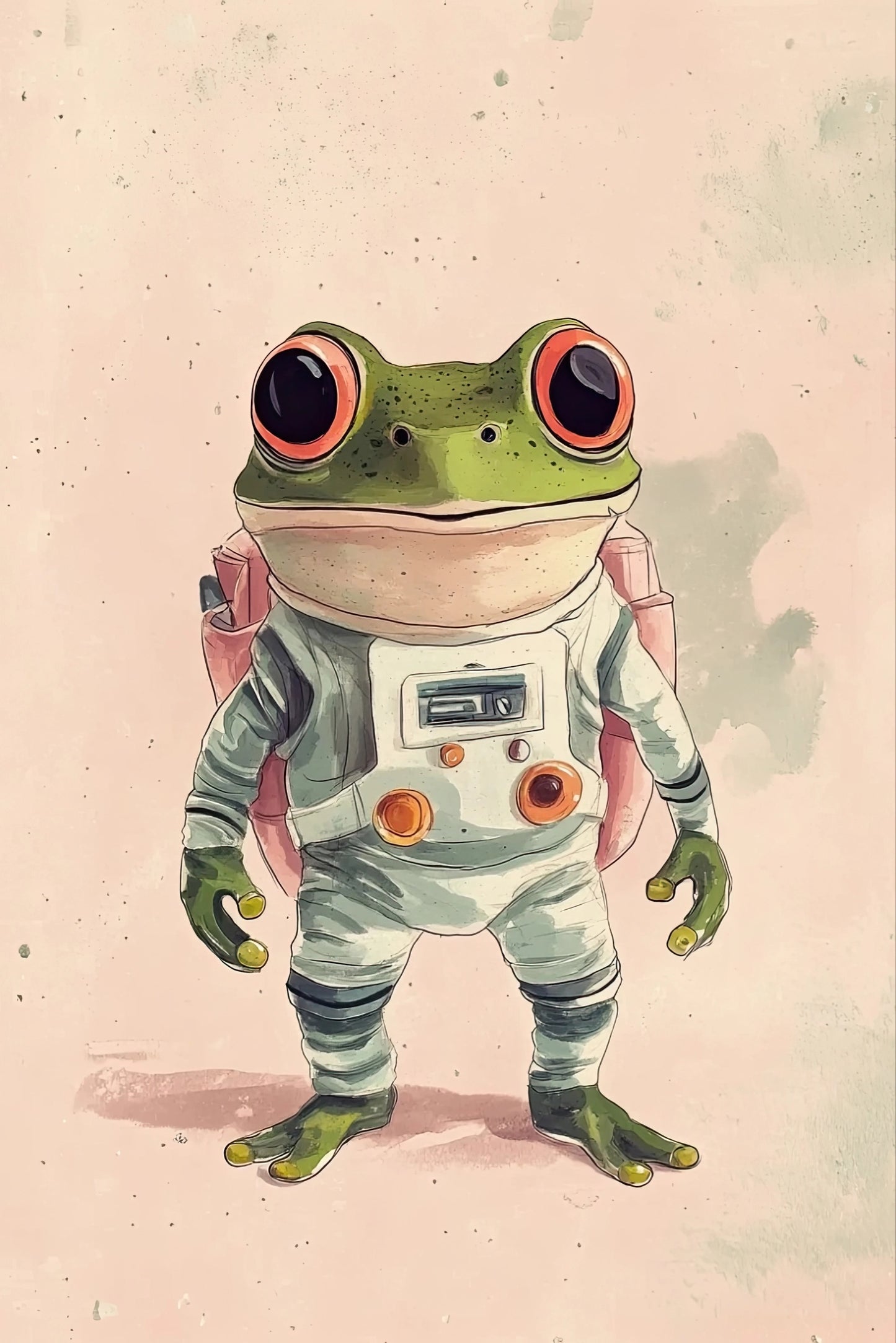 Volledige illustratie van een kikker in astronautenpak, staand en klaar voor een ruimte-avontuur, in een kleurrijke, humoristische stijl.
