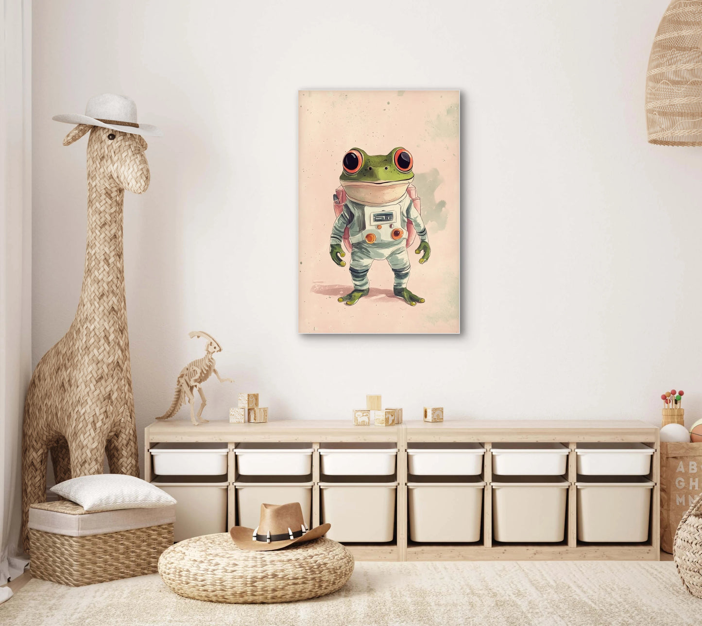 Mock-up van een kinderkamer met kunstwerk van een kikker in een astronautenpak, aan een lichte muur boven opbergkasten met speelgoed.
