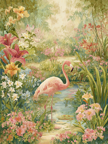 Volledige weergave van Flamingo Hof met flamingo in bloementuin  
