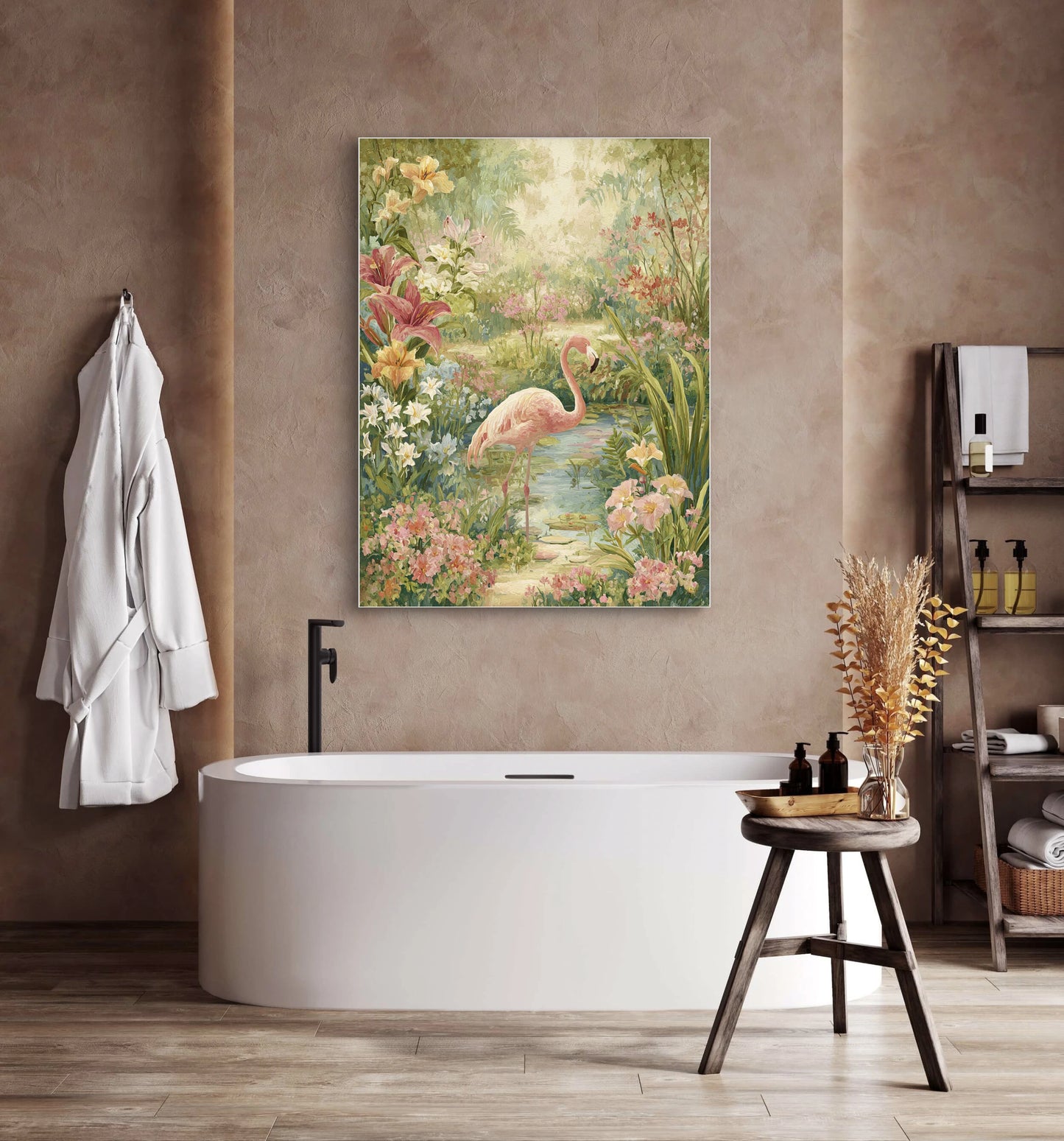 Mock-up van Flamingo Hof boven een badkuip in een warme badkamer  
