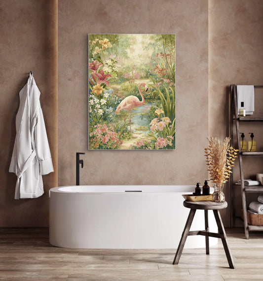 Mock-up van Flamingo Hof boven een badkuip in een warme badkamer  
