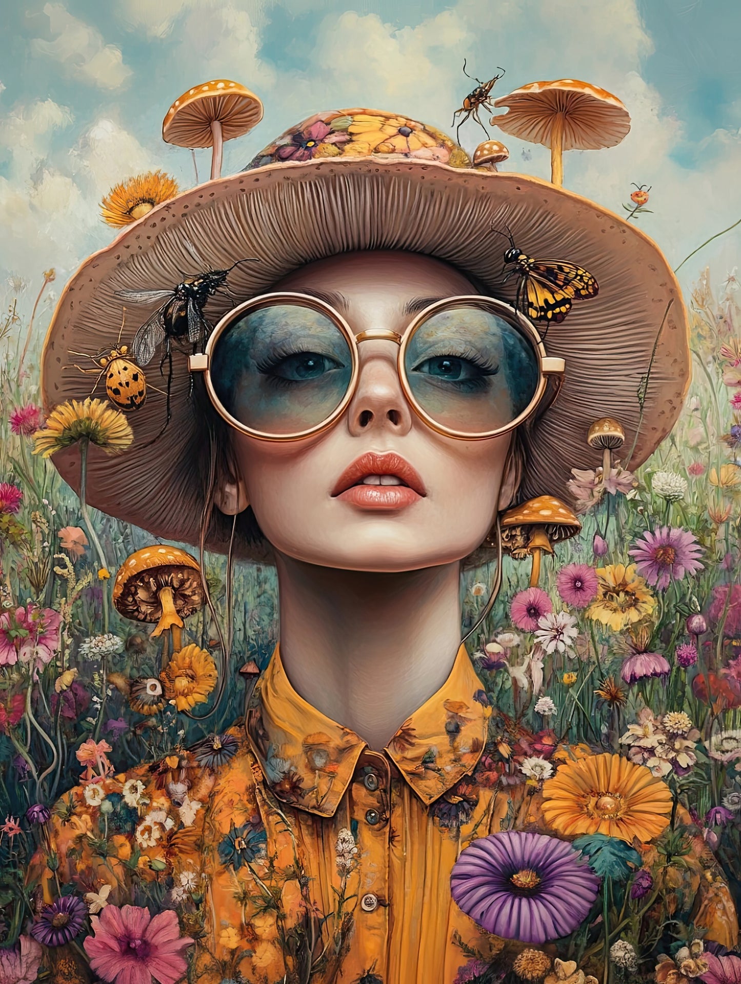 Volledige weergave van Flora Fantastica, kleurrijk portret met bloemen en hoed  
