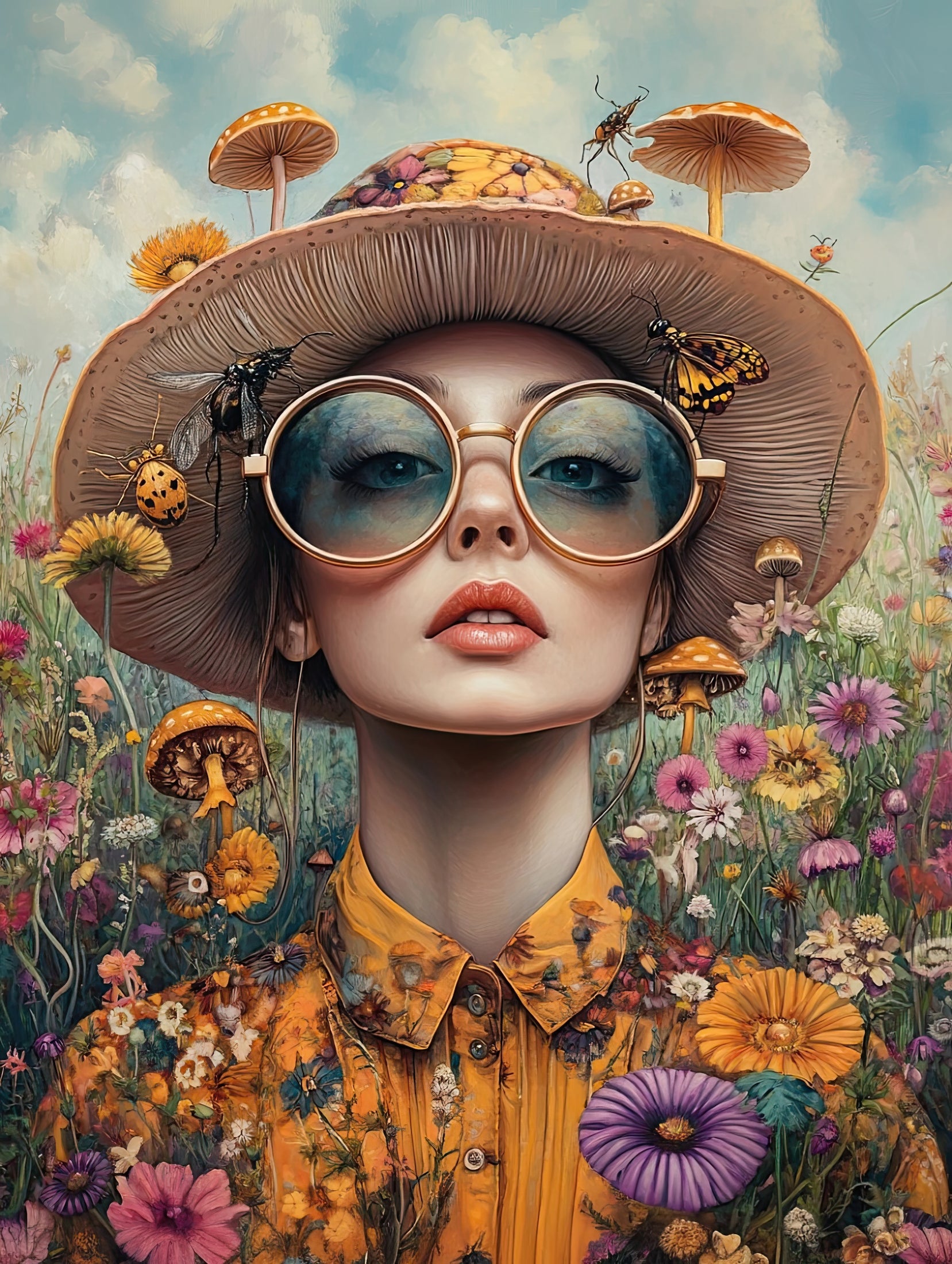 Volledige weergave van Flora Fantastica, kleurrijk portret met bloemen en hoed  
