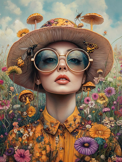 Volledige weergave van Flora Fantastica, kleurrijk portret met bloemen en hoed  
