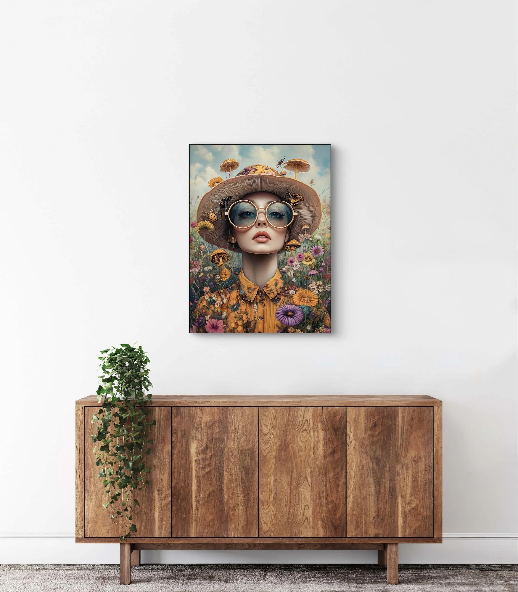 Textielkunstwerk Flora Fantastica boven houten kast in minimalistisch interieur met plant  
