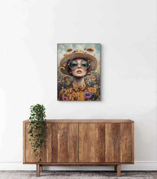 Textielkunstwerk Flora Fantastica boven houten kast in minimalistisch interieur met plant  
