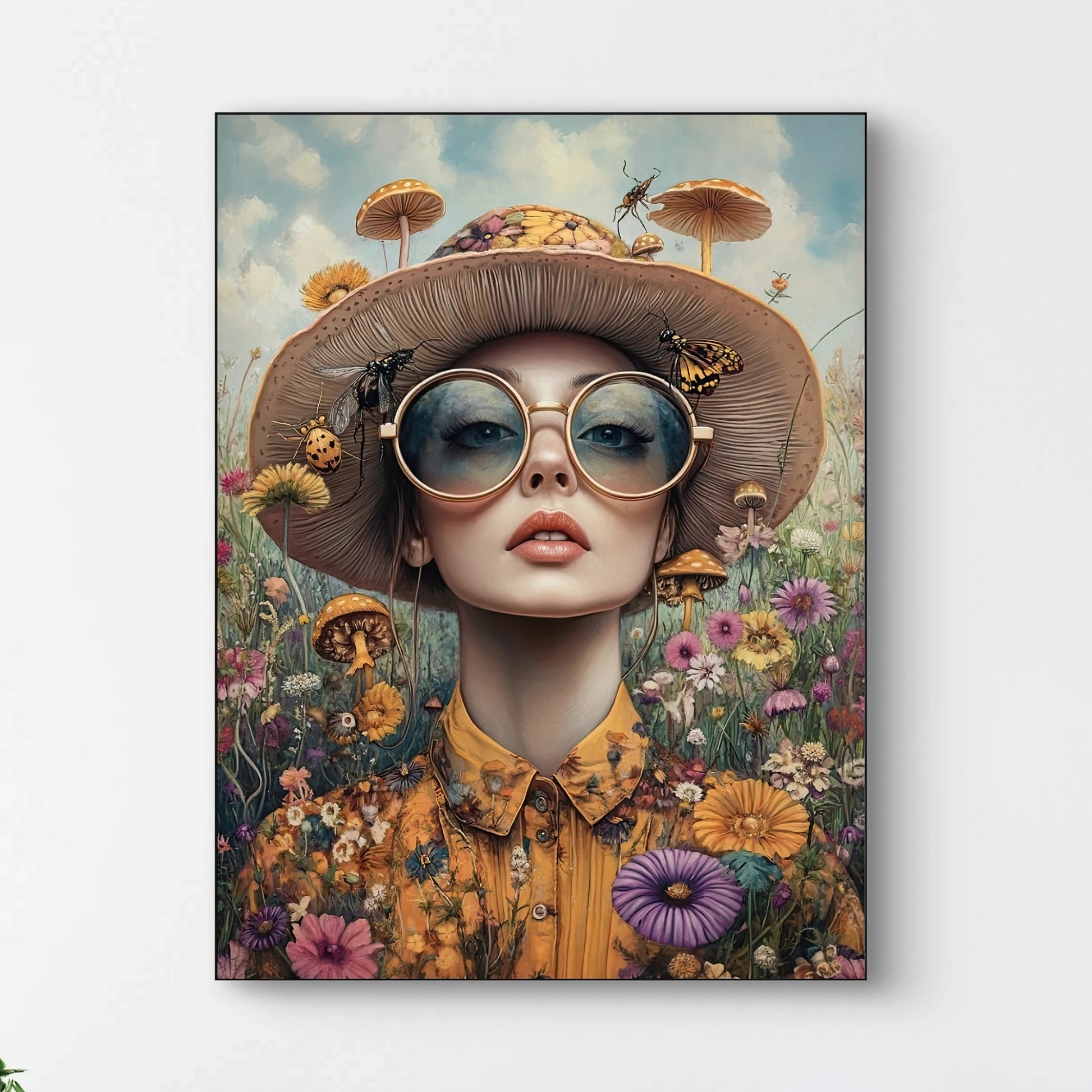 Detail van Flora Fantastica met bril, bloemen, hoed en fantasierijke paddenstoelen  
