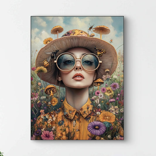 Detail van Flora Fantastica met bril, bloemen, hoed en fantasierijke paddenstoelen  
