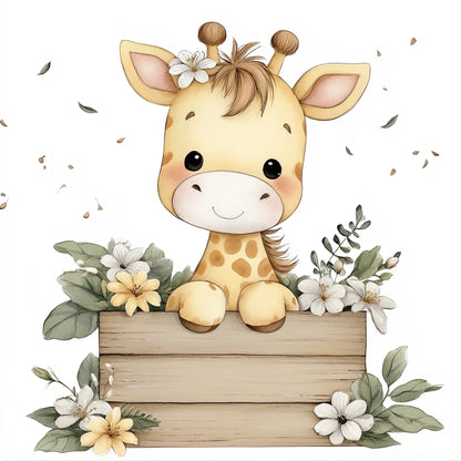 Volledige illustratie van een schattig girafje met bloemen, omringd door zachte bladeren en bloesem, in een dromerige stijl.
