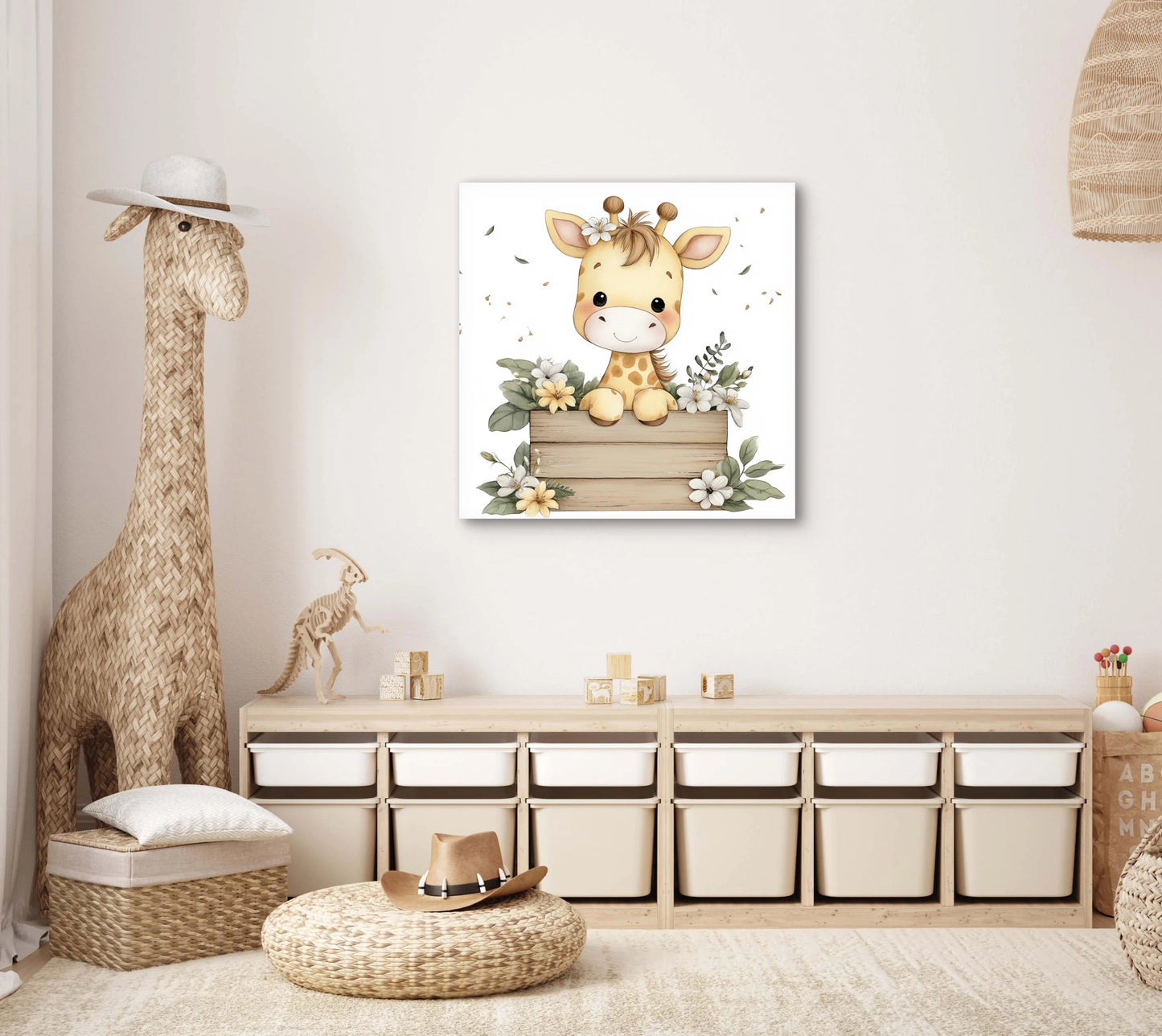 Mock-up van een kinderkamer met kunstwerk van een girafje tussen bloemen, boven een houten opbergmeubel in een zacht interieur.
