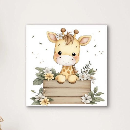 Detailweergave van een glimlachend girafje met bloemen in haar manen, leunend over een houten rand met witte en gele bloemen.
