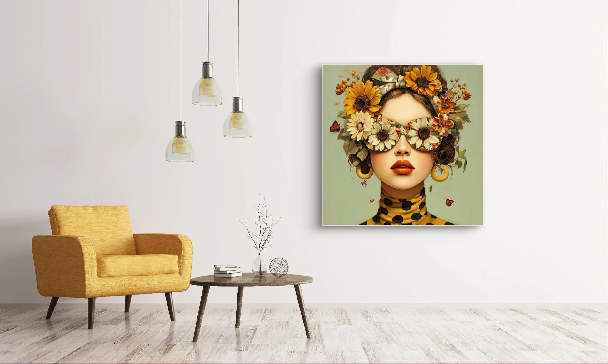 Textielkunstwerk Floranza boven moderne gele fauteuil in zonnige woonkamer  
