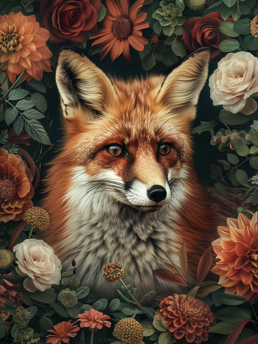 Volledige weergave van Floris Vos met vos te midden van kleurrijke bloemen  
