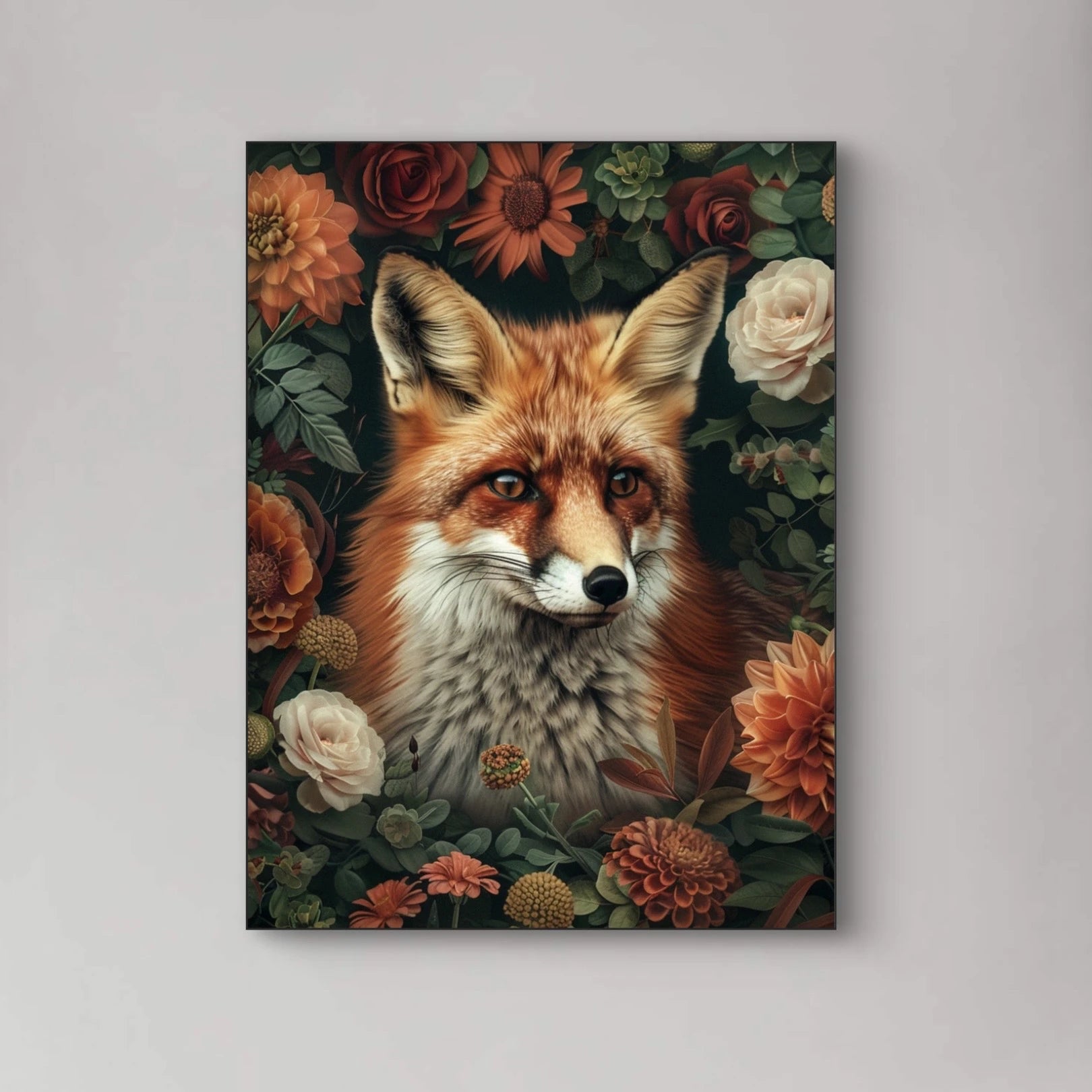 Detailopname van Floris Vos met vosportret omringd door bloemen  
