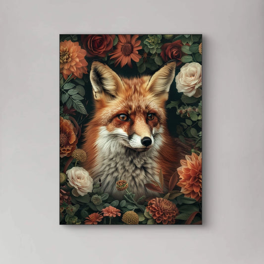 Detailopname van Floris Vos met vosportret omringd door bloemen  
