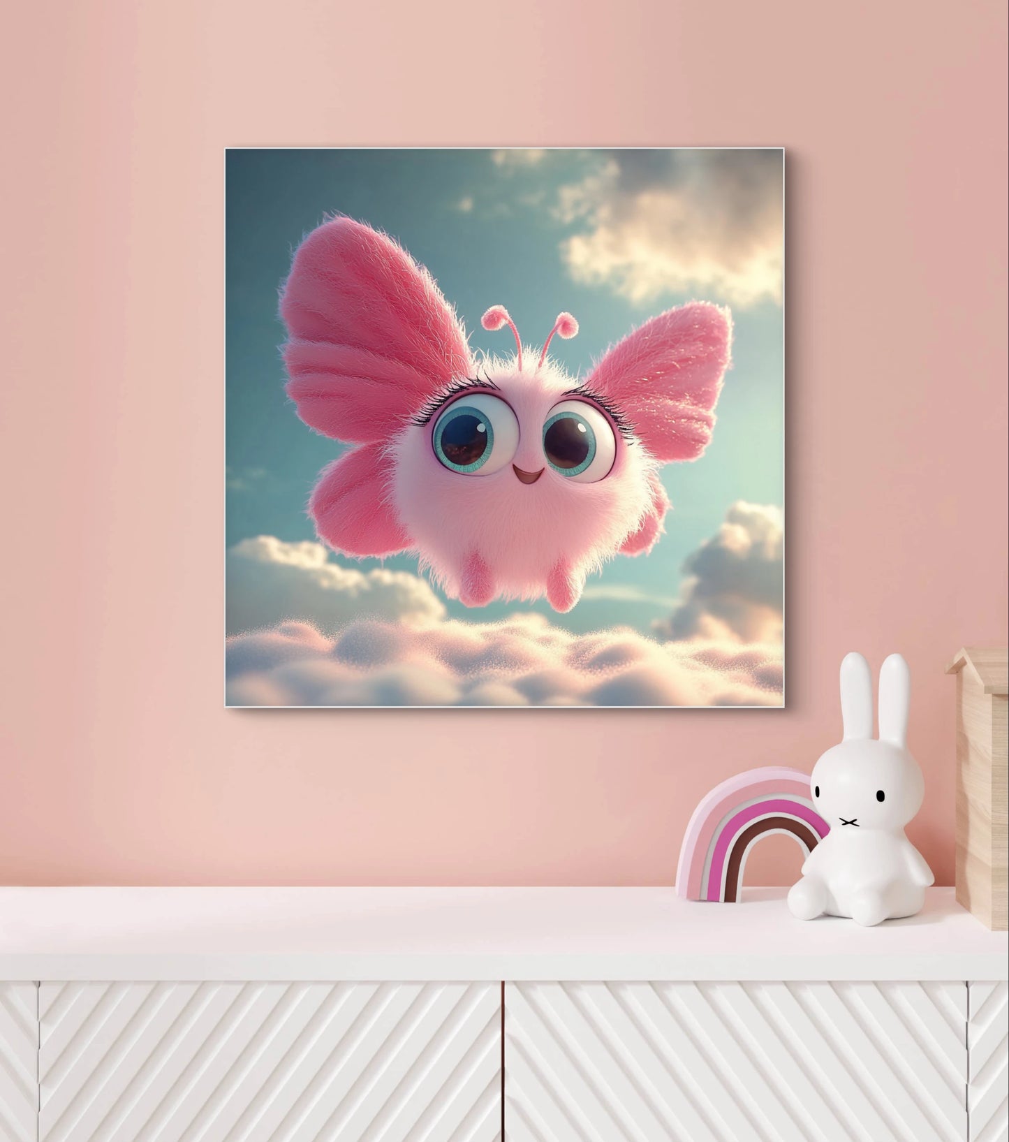 Mock-up van kinderkamer met kunstwerk van een pluizige roze vlinder aan een roze muur boven een wit dressoir met decoraties.
