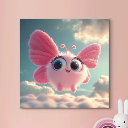 Detailweergave van een roze, pluizige vlinder met grote ogen en zachte vleugels, vliegend boven glinsterende wolken.
