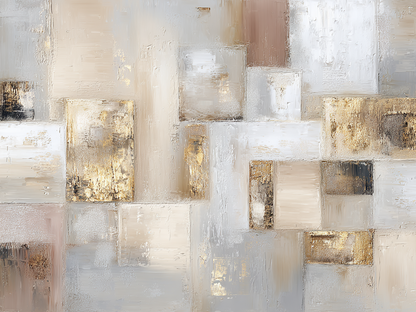 Volledige weergave van abstract schilderij Fluister van Goudstof met glanzende goudlagen en lichte aardetinten

