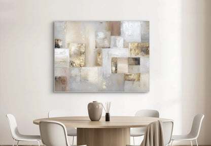 Abstract schilderij Fluister van Goudstof met gouden en beige tinten boven ronde eettafel in modern interieur
