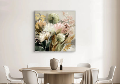 Mock-up van kunstwerk Fluisterbloei aan de muur boven ronde eettafel met neutrale stoelen 
