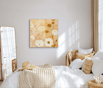 Wandkunst met beige bloemen in lichte slaapkamer met rotan accenten en zacht beddengoed
